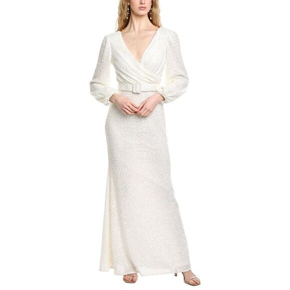 Badgley Mischka WomensPopcorn Knit Sequin Gown White
